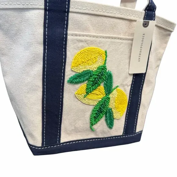 NWT Anthropologie The Hartley Cotton Canvas Tote Blue Beaded Lemon Print - Picture 3 of 11